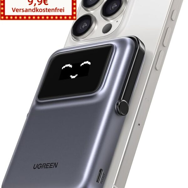 UGREEN UNO Wireless Powerbank 10000mAh Magnetische Power Bank mit USB-C Schnellladefunktion 20W und Ständer kabellos MagSafe kompatibel mit iPhone 17 Pro Max/16 Pro/15/14 Pro Max/Pro/13/12(Schwarz)