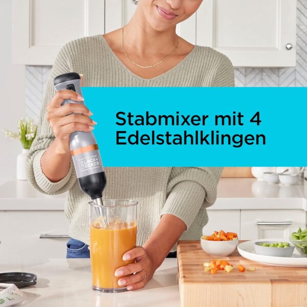 BLACK+DECKER Stabmixer Kitchen Wand Mixer elektrisch mit Messbecher und Ladegerät (7.2 Volt, kabelloser Pürierstab, Blender & Food processor mit 5 Leistungsstufen, im Set mit 700ml) BCKM1011KGF