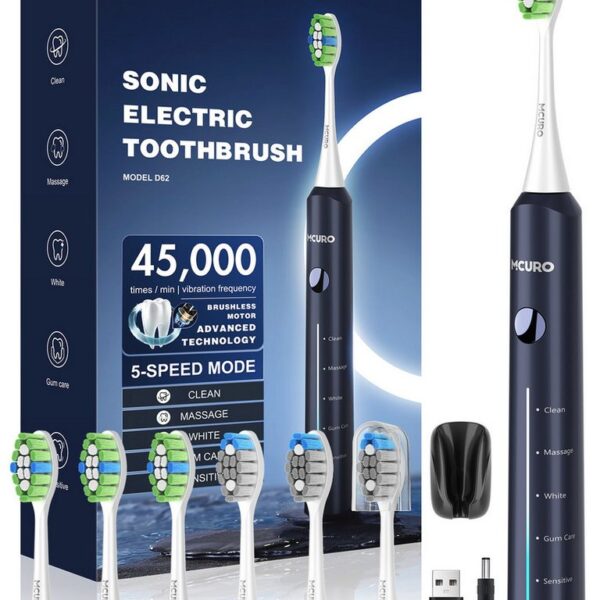 Elektrische Zahnbürste Für Empfindliche Personen, 45000VPM Aufsteckbürsten: 6 St., Zahnbürste Elektrisch 120 Tage Akkulaufzeit,Batteriestandsanzeige, Schallzahnbürste IPX7,5 Modi,Gründliche Reinigung aller Mundbereiche
