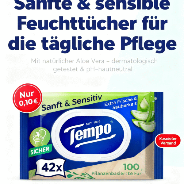 Tempo Feuchte Toilettentücher ''Sanft & Sensitiv'' - Megapack - 16 Packungen mit je 42 Tüchern - Duo Packs - natürliche Aloe Vera - Toilettenpapier, dermatologisch getestet, pH-hautneutral