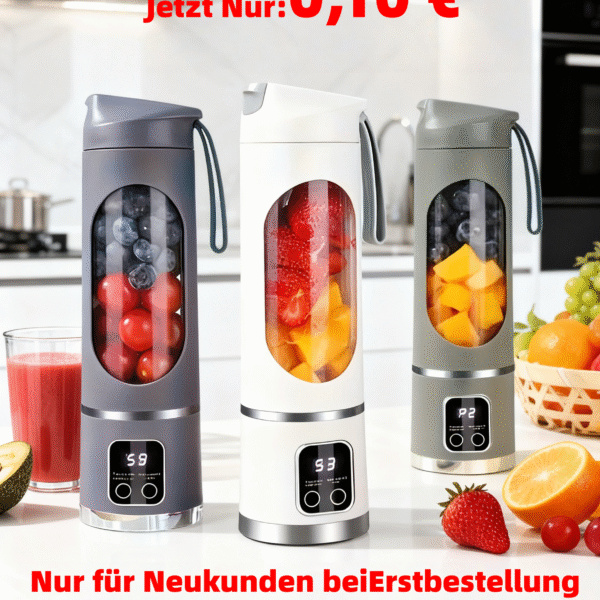 Tragbarer USB-Mixer/Entsafter mit Digitalanzeige, Edelstahlklingen und 280–470 ml Volumen. Kabellos, kompakt und mit Geschwindigkeitsregelung – ideal für Smoothies, Eis und frischen Saft zuhause, im Büro oder unterwegs. Mit abnehmbarem Behälter und auslaufsicherem Deckel.