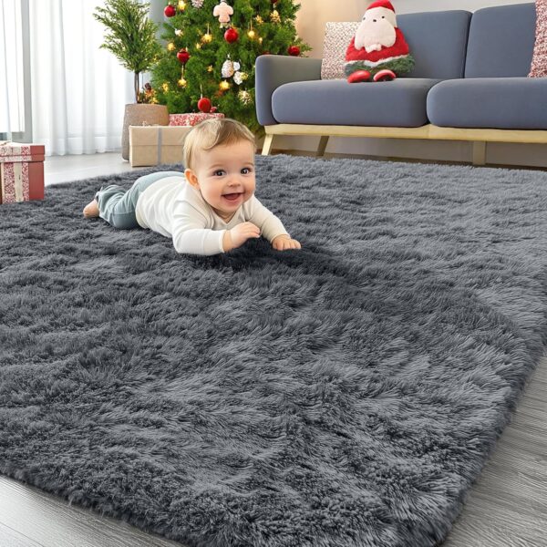 Homaxy Hochflor Flauschig Teppich Anti-Rutsch Unterseite Waschbar Klein Teppiche fürs Wohnzimmer, Kinderzimmer, Schlafzimmer - 60 x 100 cm, Dunkelgrau