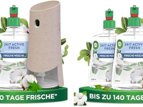 Air Wick Active Fresh – Starter Set – Aeorosolfreier, automatischer Lufterfrischer – Raumduft Frische Wäsche – 2 x 228 ml Nachfüller + Gerät