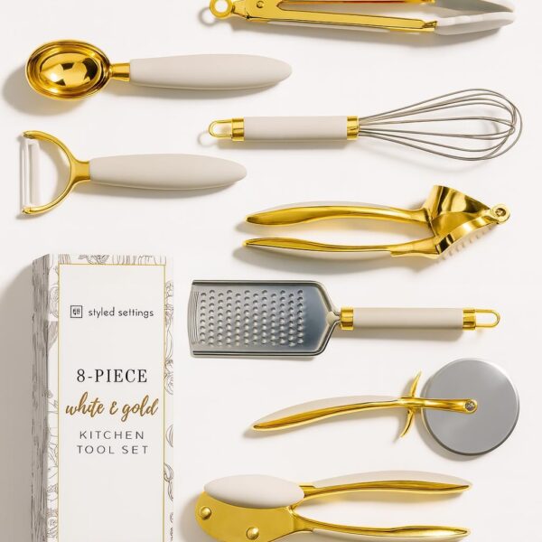 Weiß & Gold Küchenhelfer und Gadgets – Luxe 8-teiliges Kochutensilien -geräte mit rutschfesten Griffen, Goldutensilien-Set, Goldküchenzubehör weißes Küchenutensilien-Set, Premium-Küchenhelfer-Set