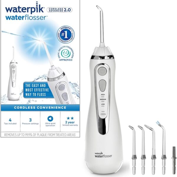 Waterpik Munddusche kabellos, Cordless Advanced, Testsieger 2024, Precision Pulse Technology, bis zu 99,9 Prozent Plaque Entfernung, 4x Aufsätze, 3 individuelle Modi, Induktionsladesystem, Schwarz