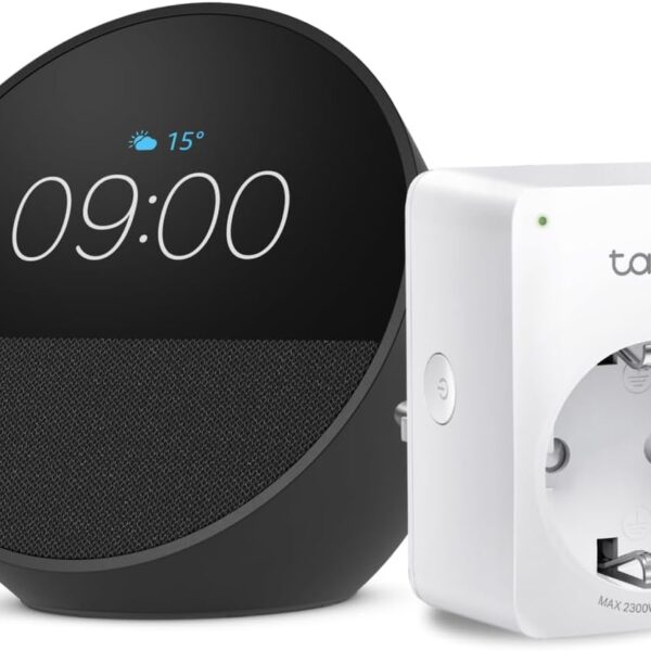 Echo Spot | Schwarz + TP-Link Tapo P110MA WLAN-Steckdose mit Energieverbrauchskontrolle, Funktionert mit Alexa - Smart Home-Einsteigerpaket