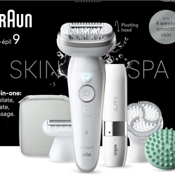 Braun Silk-épil 9, Epilierer mit schwenkbarem Kopf für eine einfache Haarentfernung, Wet&Dry, langanhaltend seidig-glatte Haut, Ladyshaver, Rasieraufsatz und Trimmeraufsatz,SES9-030, Weiß/Flamingorosa