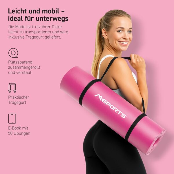 MSPORTS Gymnastikmatte Premium inkl. Tragegurt + Übungsposter + Workout App I Hautfreundliche Fitnessmatte 190 x 60 x 1,5 cm - Pastellpink - Phthalatfreie Yogamatte