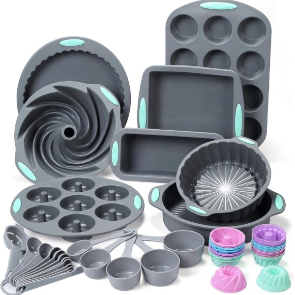 To encounter 49 Pieces Silicone Bakeware Set, BPA Free Silicone Baking Pans, Nonstick Silicone Baking Molds for Cake, Bread and Muffin, with Measuring Cups and Spoons Set, Light Grey