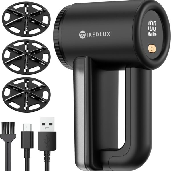 Fusselrasierer Elektrisch WiredLux - Wiederaufladbarer Fusselentferner für Kleidung & Möbel - Einstellbare 3-Fach Geschwindigkeit, 6-blättrige Klinge, LED-Anzeige, USB-Aufladung (Schwarz)