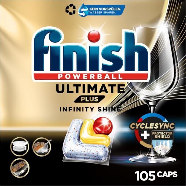 Finish Ultimate Plus Infinity Shine Citrus Spülmaschinentabs – Geschirrspültabs für intensive Reinigung, Fettlösekraft und Glanz mit Schutzschild – 105 Finish Caps