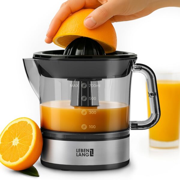 LEBENLANG Zitruspresse elektrisch - 2 Kegel & BPA-Frei I Hohe Saftausbeute I 700ml Orangenpresse elektrische Saftpresse Edelstahl für Zuhause I Entsafter Zitronenpresse Orangensaftpresse Fruchtpresse