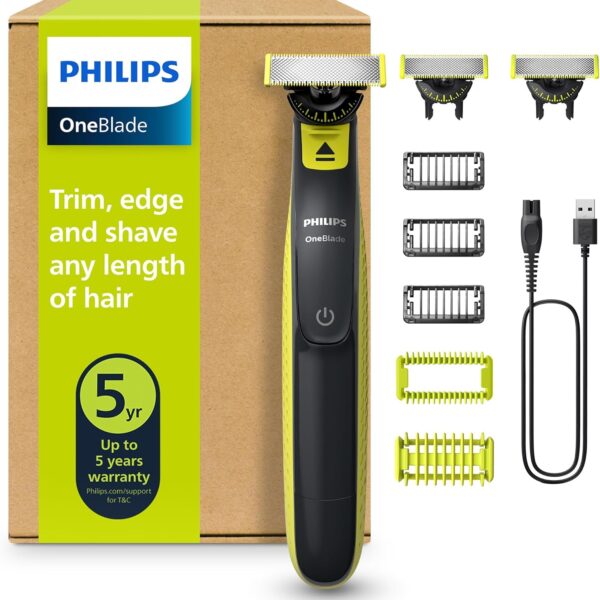 PHILIPS OneBlade 360 Face - elektrischer Rasierer & Trimmer, 2x 360 Klingen, verstellbarer 5-in-1-Trimmaufsatz, Nass- & Trockenrasur, Akku-USB, fürs Gesicht (QP2734/30)
