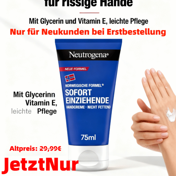 Neutrogena Sofort einziehende Handcreme, leichte und nicht fettende Feuchtigkeitscreme mit Glycerin + Vitamin E bei trockenen, rissigen Händen 75 ml