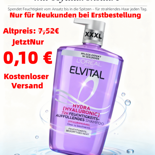 L'Oréal Paris Elvital Hydra Hyaluronic feuchtigkeitsspendendes XXXL Shampoo für glänzendes Haar, Hyaluron Shampoo für einen Feuchtigkeitsboost & Schutz, langanhaltende Feuchtigkeit und Pflege, 1000ml