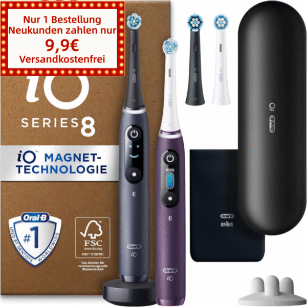 Oral-B iO Series 8 Plus Edition Doppelpack Elektrische Zahnbürste/Electric Toothbrush, PLUS 4 Aufsteckbürsten, 6 Modi für Zahnpflege, Reiseetui, Designed by Braun, black/violet